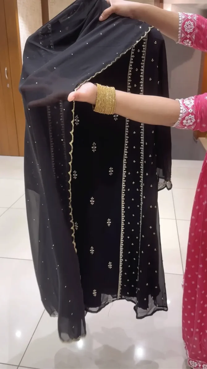 Elegant Black Chiffon Anarkali with Pleated Palazzo