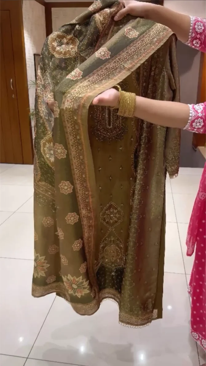 Elegant Digital Printed Brown Party Wear Churidar