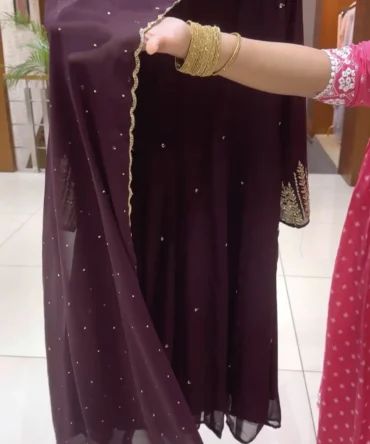 Elegant Wine Colour Panel Cut Front Slit Anarkali