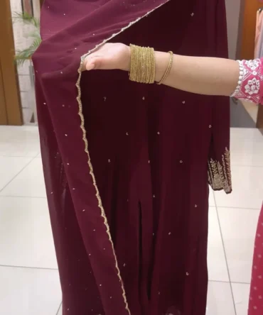 Exquisite Maroon Colour Panel Cut Front Slit Anarkali: A Designer Delight