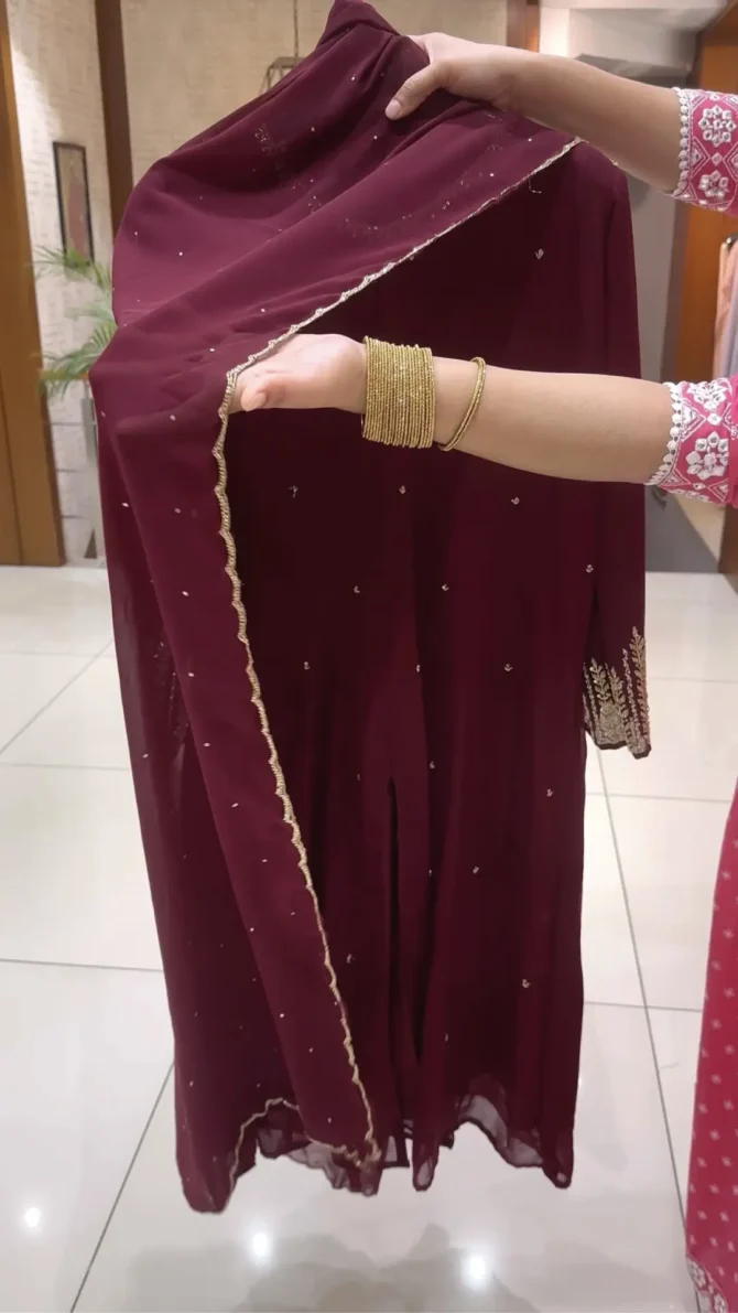 Exquisite Maroon Colour Panel Cut Front Slit Anarkali: A Designer Delight
