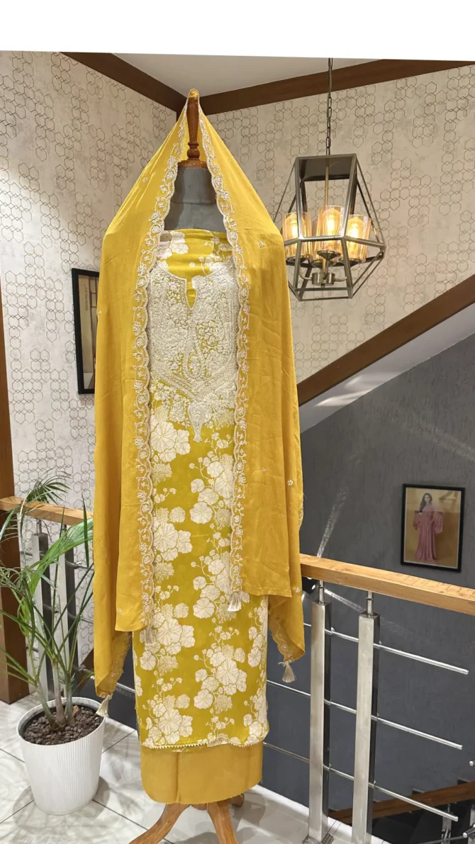 Elegant Mustard Yellow Chinon Fabric Churidar Set