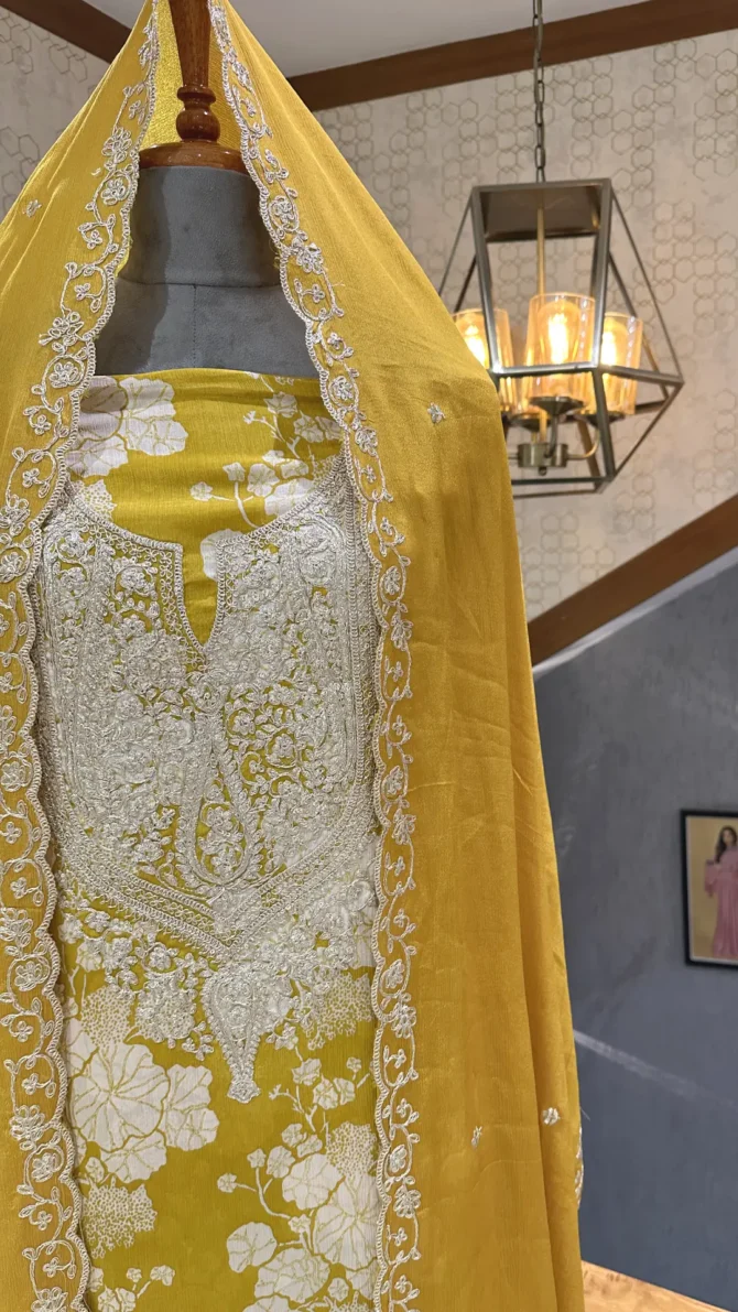 Elegant Mustard Yellow Chinon Fabric Churidar Set