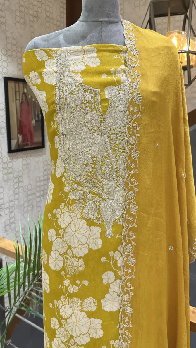 Elegant Mustard Yellow Chinon Fabric Churidar Set