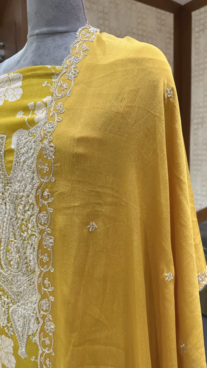 Elegant Mustard Yellow Chinon Fabric Churidar Set