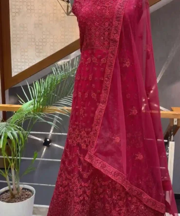 Elegant Maroon Embroidered Long Gown