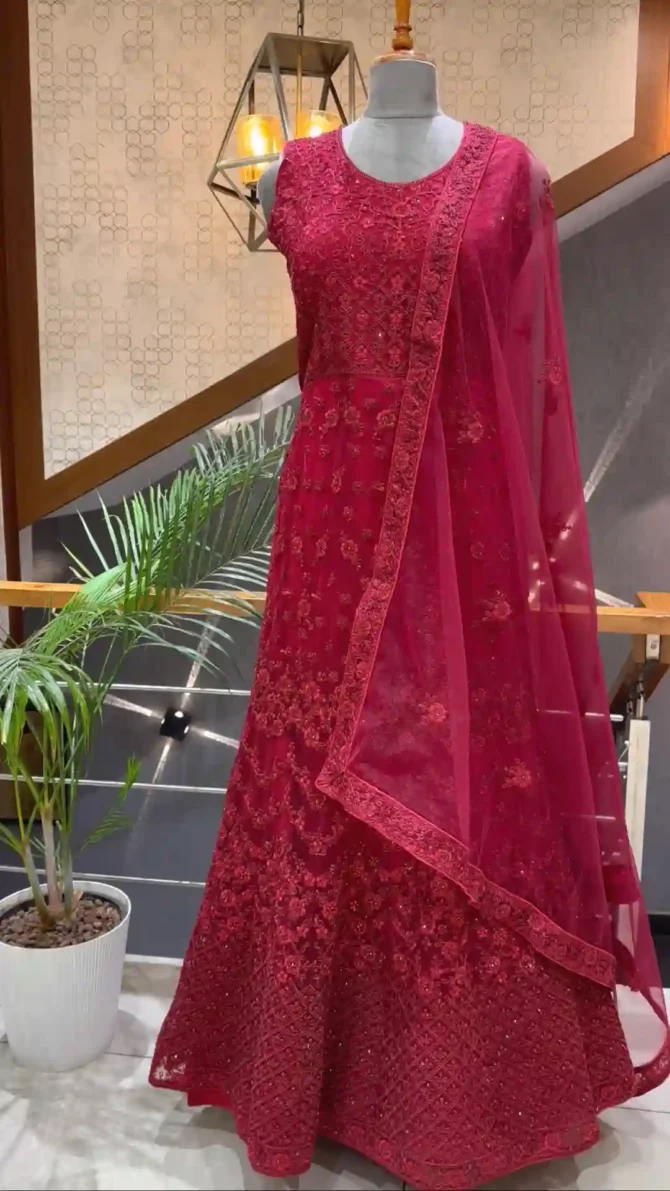 Elegant Maroon Embroidered Long Gown