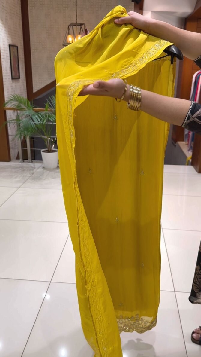 Yellow Organza Fabric Churidar Suit Description