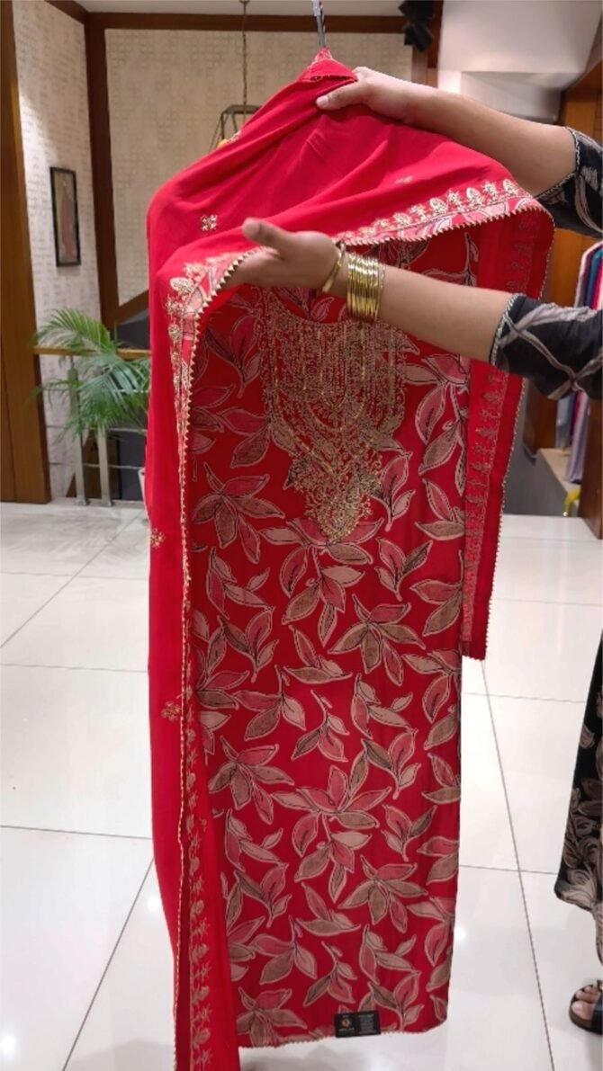 Elegant Red Floral Print Muslin Churidar Set