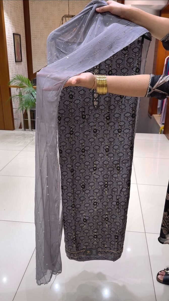 Elegant Muslin Fabric Unstitched Churidar Suit in Grey
