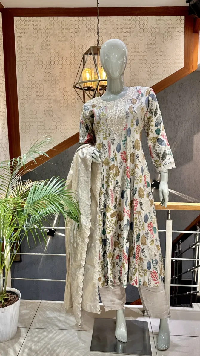 Elegance Redefined: Muslin Fabric Anarkali Set in Grey
