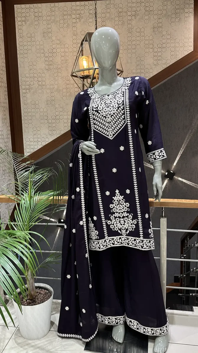 Elegant Dark Purple Chinon Fabric Ensemble