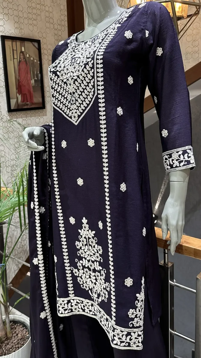 Elegant Dark Purple Chinon Fabric Ensemble