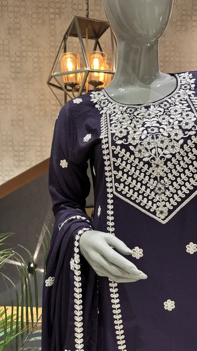Elegant Dark Purple Chinon Fabric Ensemble