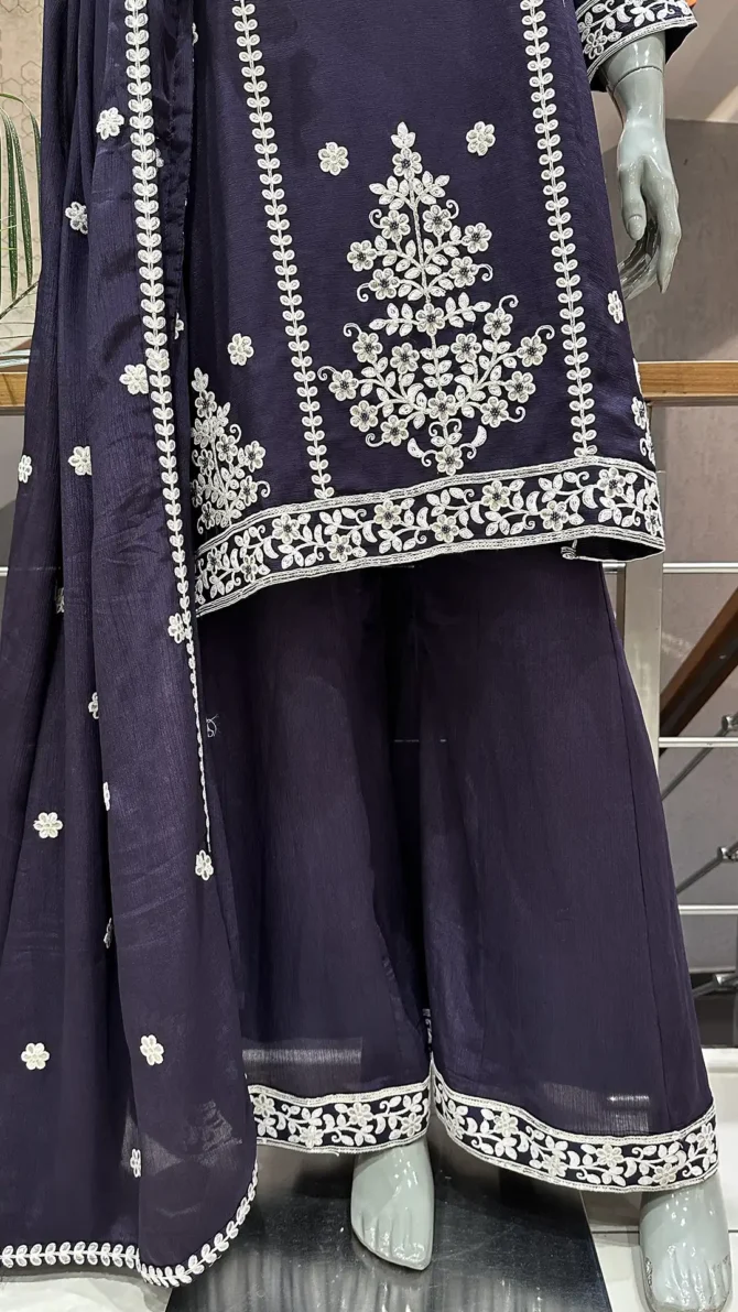 Elegant Dark Purple Chinon Fabric Ensemble