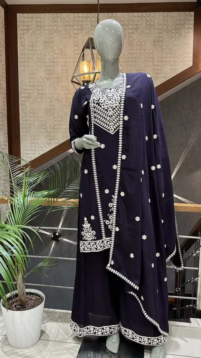 Elegant Dark Purple Chinon Fabric Ensemble