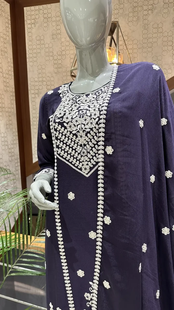 Elegant Dark Purple Chinon Fabric Ensemble