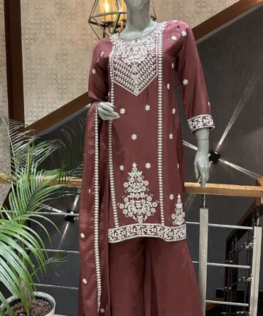 Elegant Rust Chinon Fabric Short Top with Plazo Pants and Dupatta