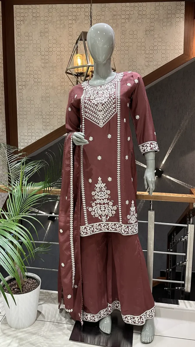 Elegant Rust Chinon Fabric Short Top with Plazo Pants and Dupatta