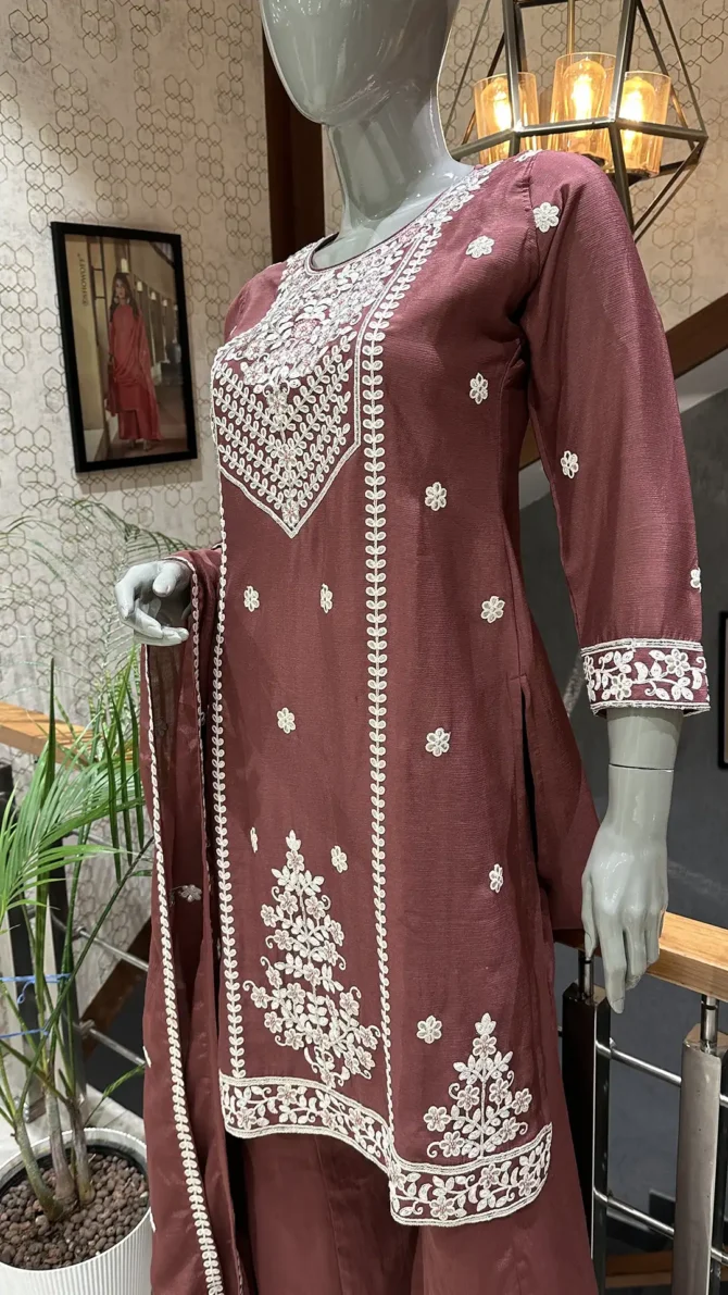 Elegant Rust Chinon Fabric Short Top with Plazo Pants and Dupatta