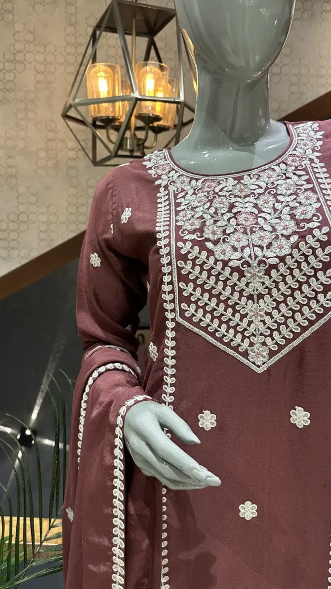 Elegant Rust Chinon Fabric Short Top with Plazo Pants and Dupatta