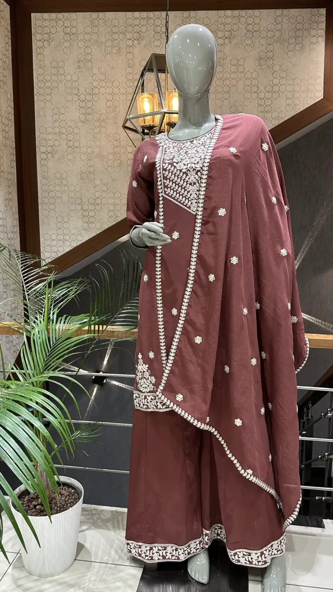 Elegant Rust Chinon Fabric Short Top with Plazo Pants and Dupatta