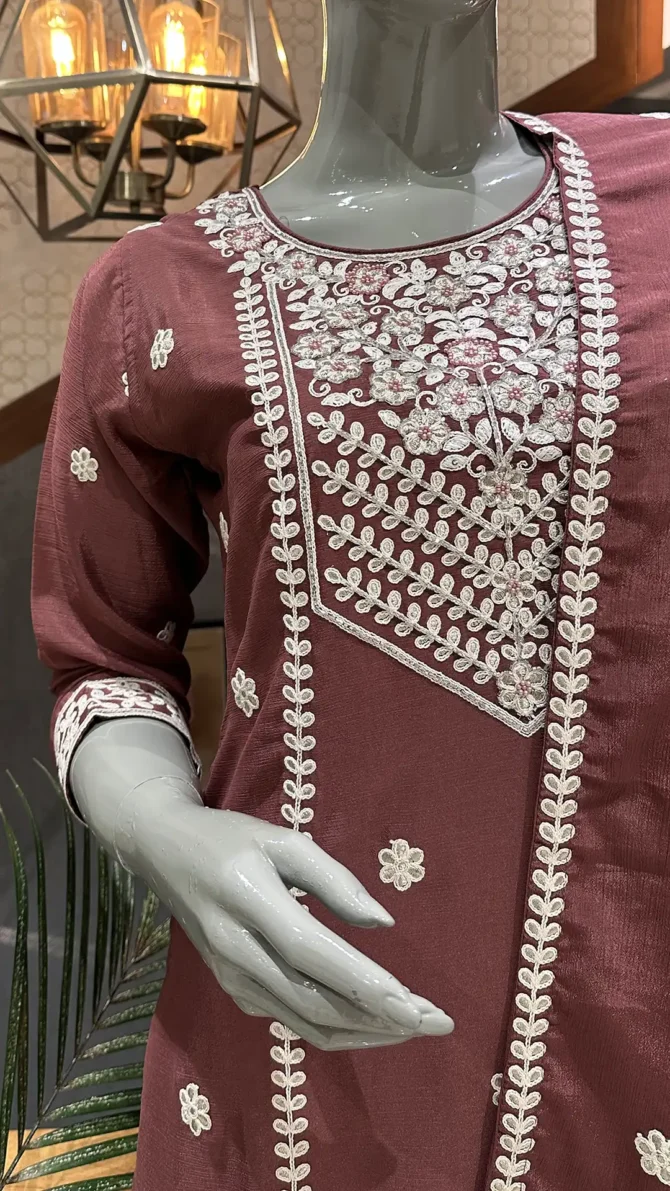 Elegant Rust Chinon Fabric Short Top with Plazo Pants and Dupatta