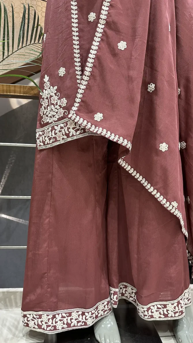 Elegant Rust Chinon Fabric Short Top with Plazo Pants and Dupatta