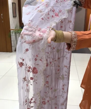 Exquisite Lavender Silk Fabric Top with Floral Embroidery