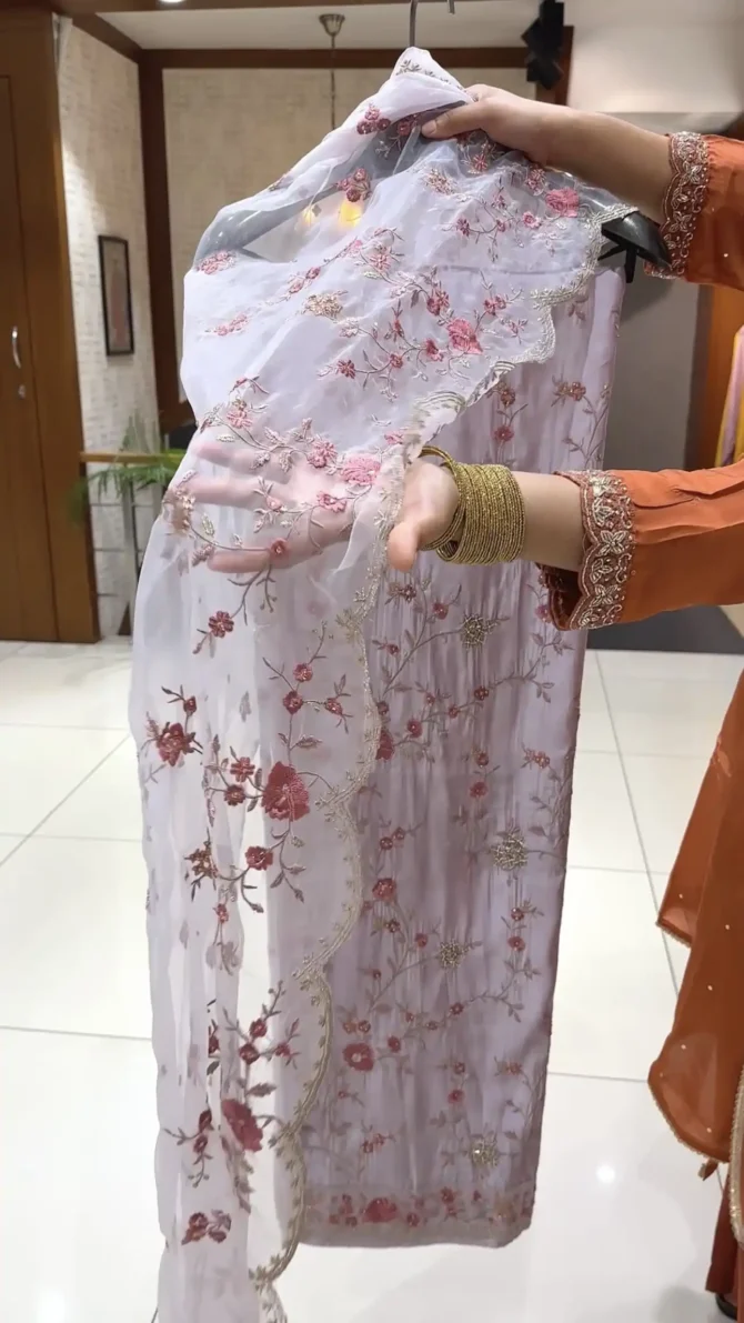 Exquisite Lavender Silk Fabric Top with Floral Embroidery