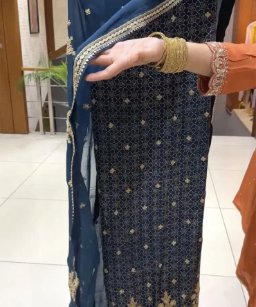 Elegant Navy Blue AJrakh Print Churidar Fabric
