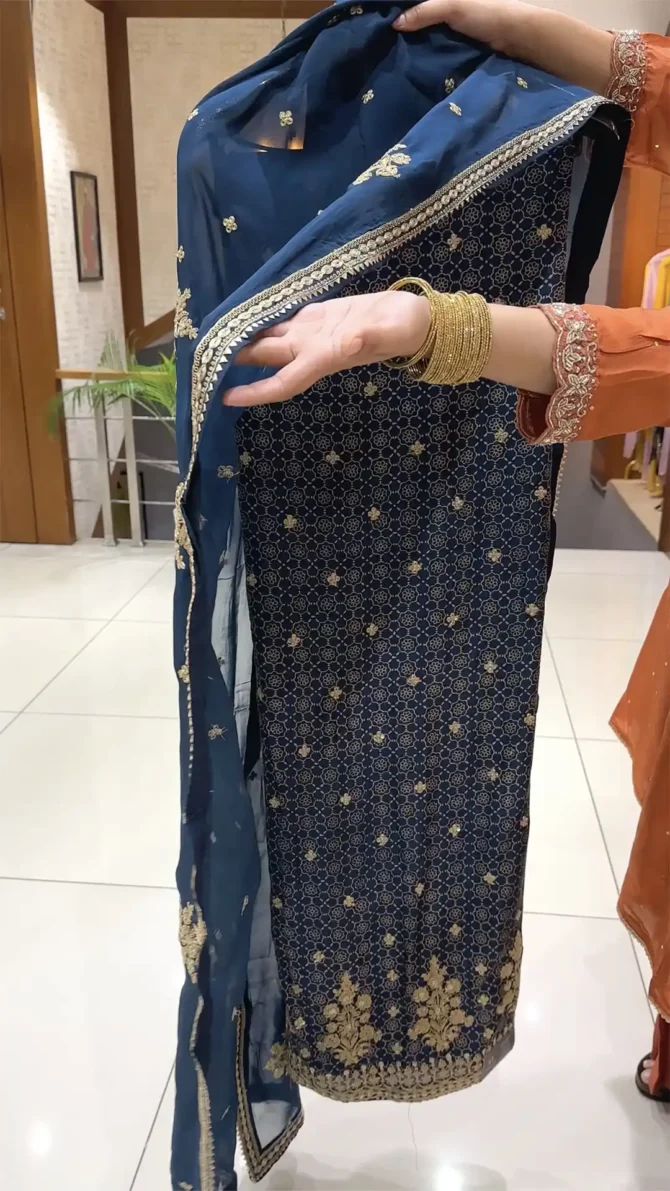 Elegant Navy Blue AJrakh Print Churidar Fabric