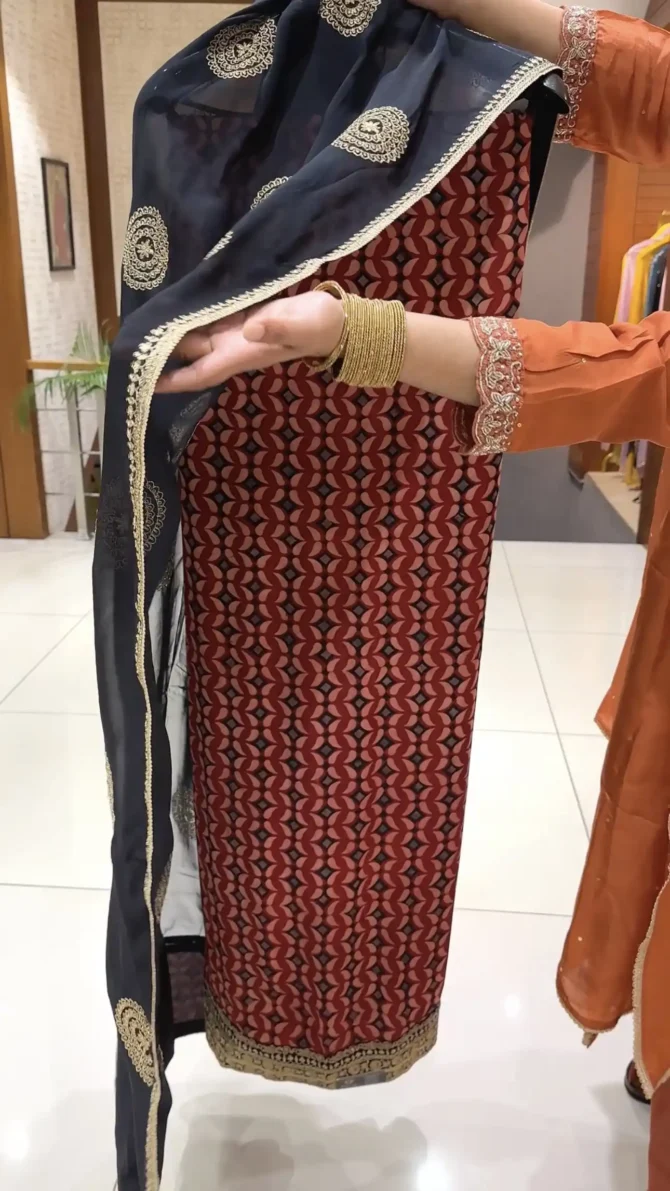 Elegant Black Ajrakh Digital Print Churidar Set with Organza Dupatta