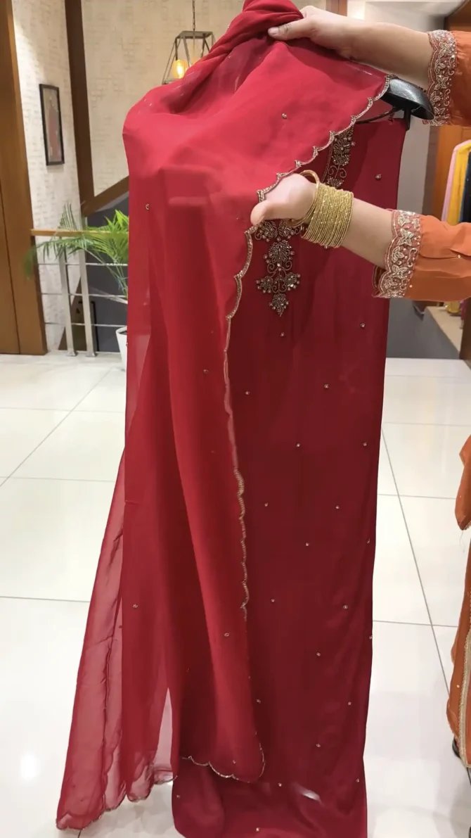 Elegant Maroon Organza Churidar Fabric with Antique Accents